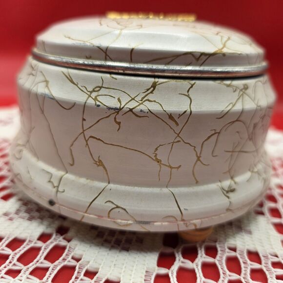 Vtg Aluminum Round Vanity Powder Music Box Gold Spiral On Top - Works MCM - Picture 5 of 8